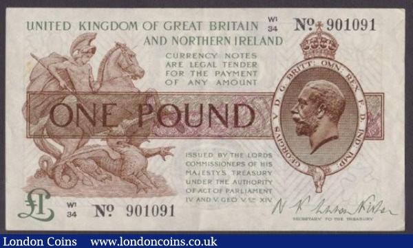 Treasury £1 Warren Fisher T34 issued 1927 series W1/34 901091, No. with dot, Northern Ireland in title, small mark left side, EF : English Banknotes : Auction 140 : Lot 109
