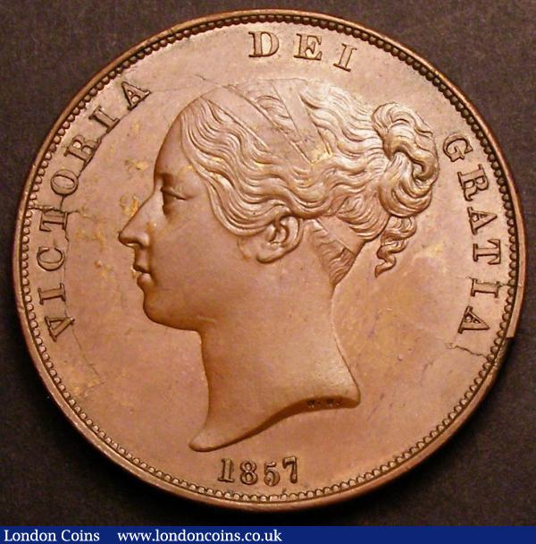 Penny 1857 Plain Trident as Peck 1514 with the taller thinner 7 in the date Gouby CP1857F GEF with traces of lacquer residue on the obverse : English Coins : Auction 145 : Lot 1893