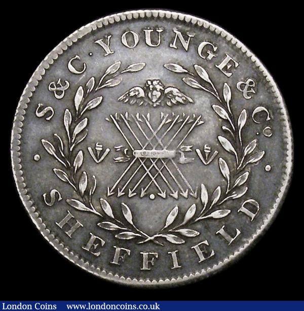 Shilling Yorkshire - Sheffield 1812 S. & C. Younge & Co. Sword rests against the bale, Davis 50 GVF with grey tone : Tokens : Auction 158 : Lot 871