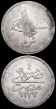 London Coins : A160 : Lot 3180 : Egypt 5 Qirsh AH1277/4 (1863) KM#253.1 Good Fine, Iran 5 Rials SH1323 (1944) KM#1145 Lustrous UNC