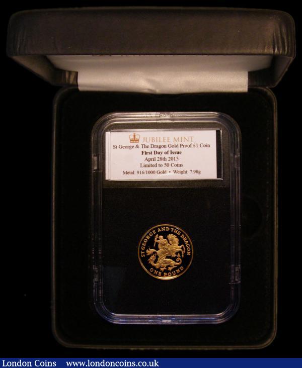 Gibraltar One Pound Gold 2015 St. George and The Dragon Gold Proof FDC boxed, in the slab-style holder with Jubilee Mint certificate stating only 50 pieces issued in this format : World Cased : Auction 170 : Lot 803