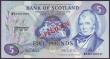London Coins : A151 : Lot 523 : Scotland Bank of Scotland £5 SPECIMEN dated 27th July 1981 series BT000000, signed Risk & ...