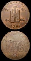 London Coins : A156 : Lot 666 : 18th Century Halfpennies Staffordshire (2) Stafford 1797 Castle/Cypher DH21 VF, Leek 1793 Cadaceus/H...