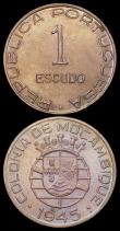 London Coins : A165 : Lot 3737 : Mozambique (2) One Escudo 1945 KM#74 Toned UNC, 20 Centavos 1941 KM#71 Toned UNC
