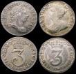 London Coins : A165 : Lot 3899 : Maundy Odds (4) Threepences (2) 1707 ESC 2010, Bull 1499 VF/GVF, 1762 ESC 2033, Bull 2254 VF with so...