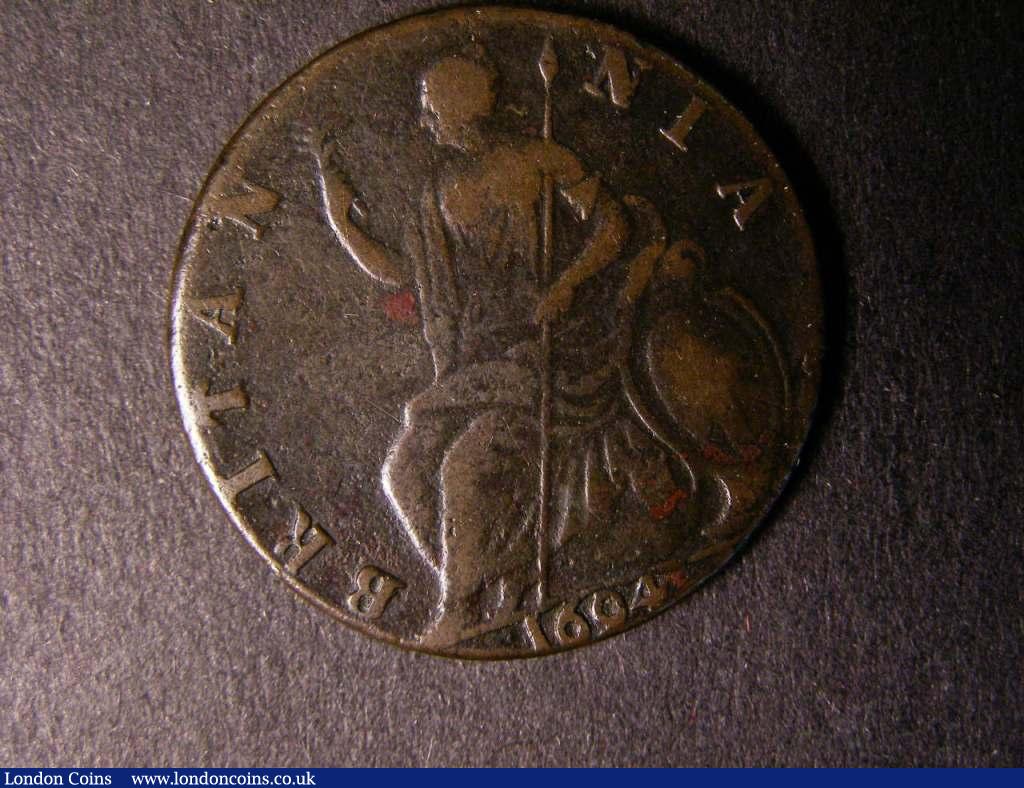 London Coins : A122 : Lot 1655 : Halfpenny 1694 Peck 605 No stop on Reverse, Fine, Ex-Nicholson Collection 2003 item BN054