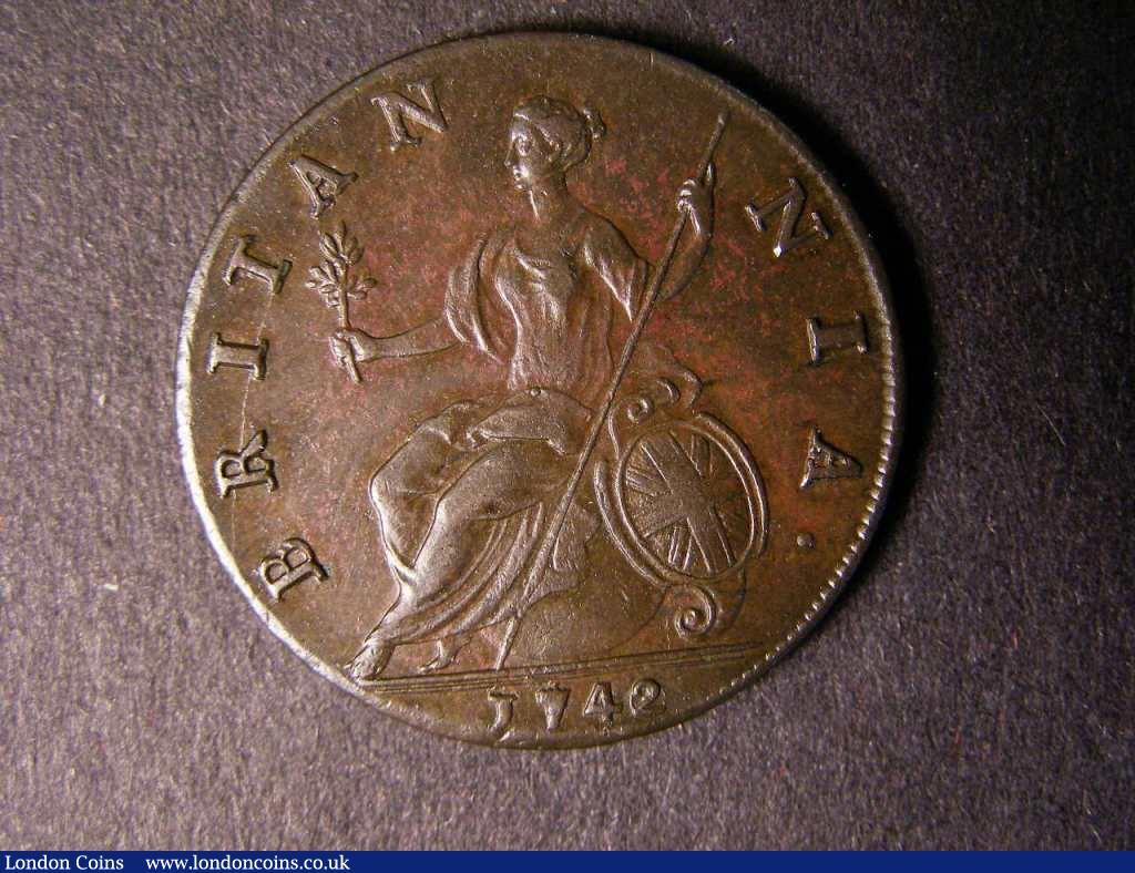 London Coins : A122 : Lot 1670 : Halfpenny 1742 2 over 0 Peck 870 GVF, Ex-Nicholson collection 2003 item BN253