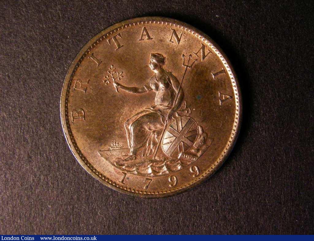 London Coins : A122 : Lot 1677 : Halfpenny 1799 with 7 raised gun ports, unlisted by Peck, Ex-Nicholson collection 2003 item ...