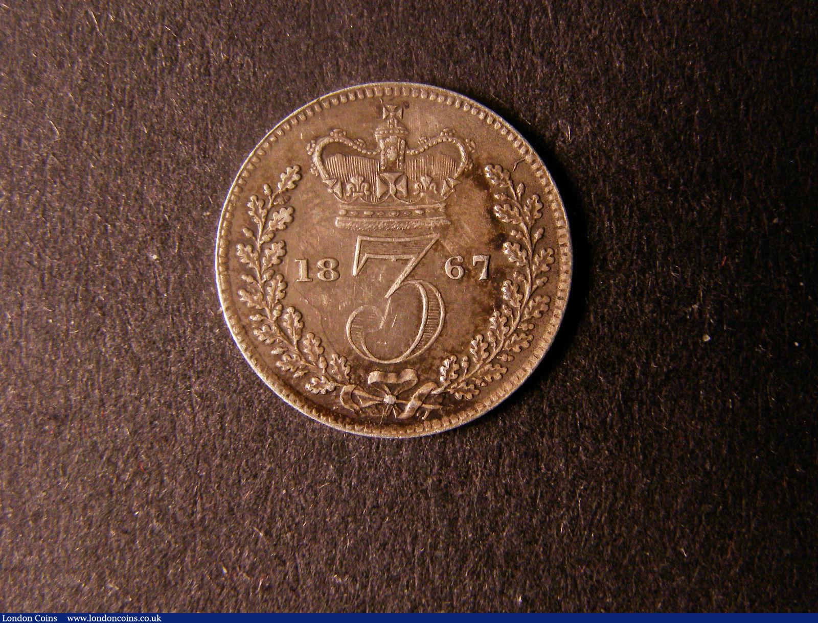 London Coins : A124 : Lot 1013 : Threepence 1867 ESC 2074 Davies 1286 dies 2A EF toned