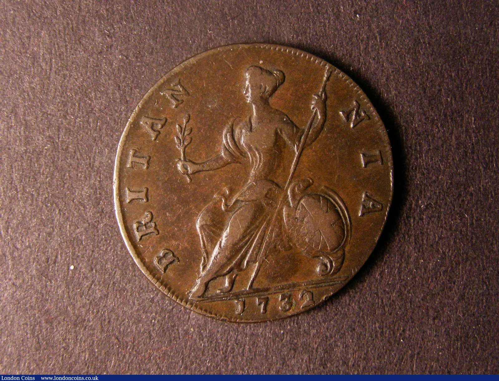 London Coins : A124 : Lot 2114 : Halfpenny 1732 2 over 1, with no stop on the reverse unlisted by Peck, Bold Fine, Ex-Nic...