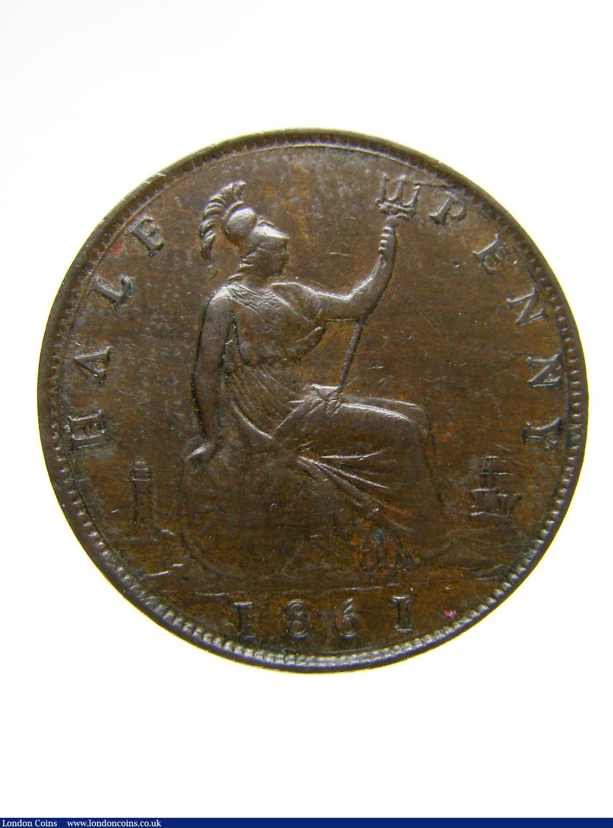 London Coins : A124 : Lot 2138 : Halfpenny 1861 Freeman 278 dies 7+D (Rarity 16) About VF with some surface nicks, very rare,...