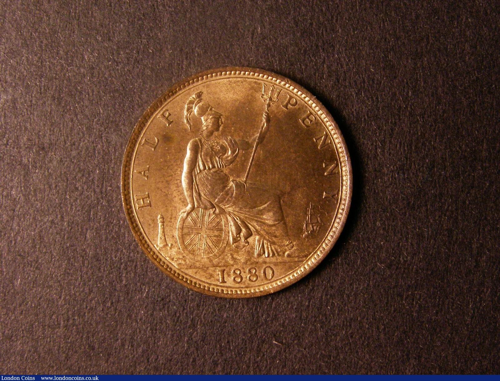 London Coins : A124 : Lot 2142 : Halfpenny 1880 Freeman 340 dies 15+P (R12) UNC with very good lustre, and a tone spot on the rev...