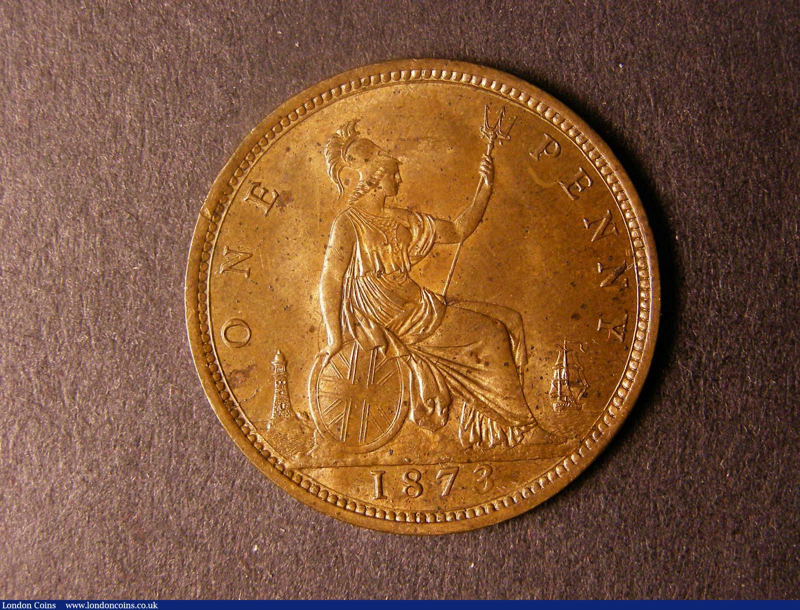 London Coins : A124 : Lot 2173 : Penny 1873 Freeman 64 dies 6+G EF or better with traces of lustre, some spots and surface marks ...