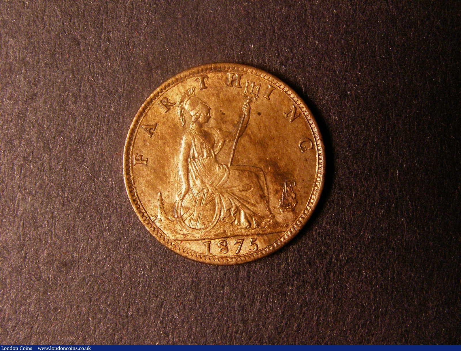 London Coins : A124 : Lot 299 : Farthing 1875 Freeman 528 dies 3+B Large Date UNC or near so with uneven lustre