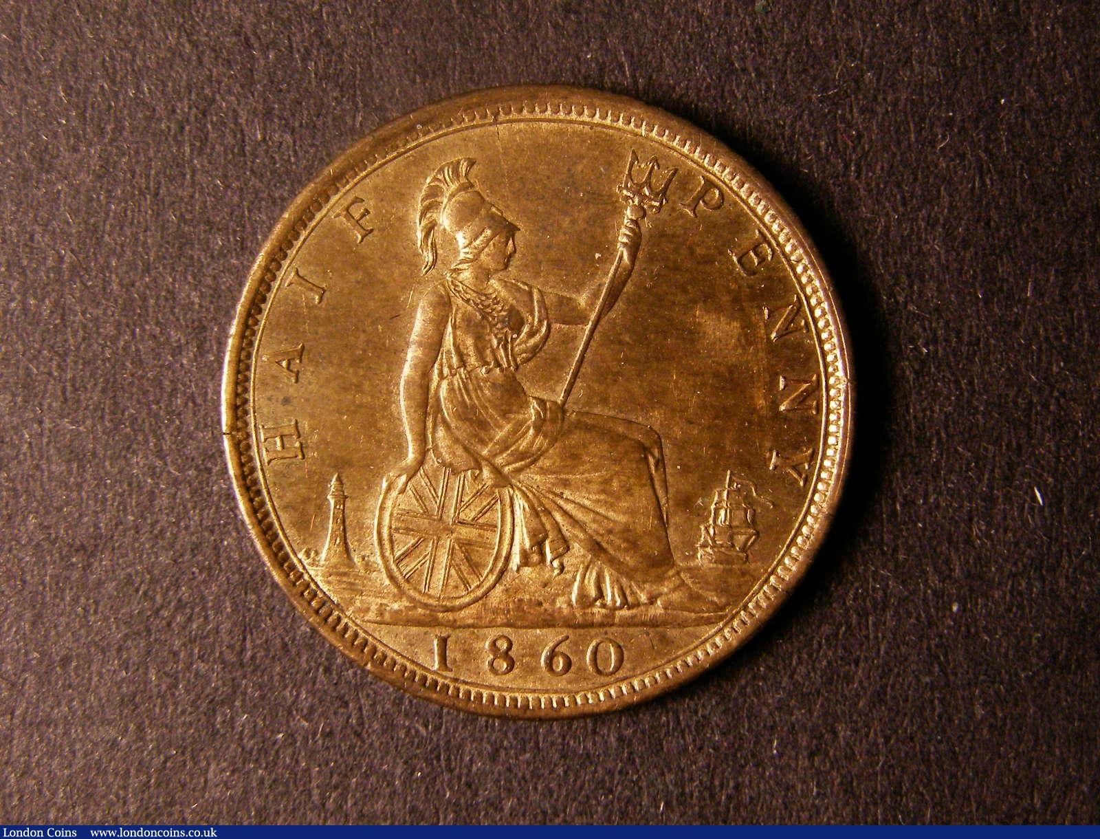 London Coins : A124 : Lot 537 : Halfpenny 1860 Toothed Border Freeman 261 dies 2+B (R12) UNC with approximately 50% lustre and s...