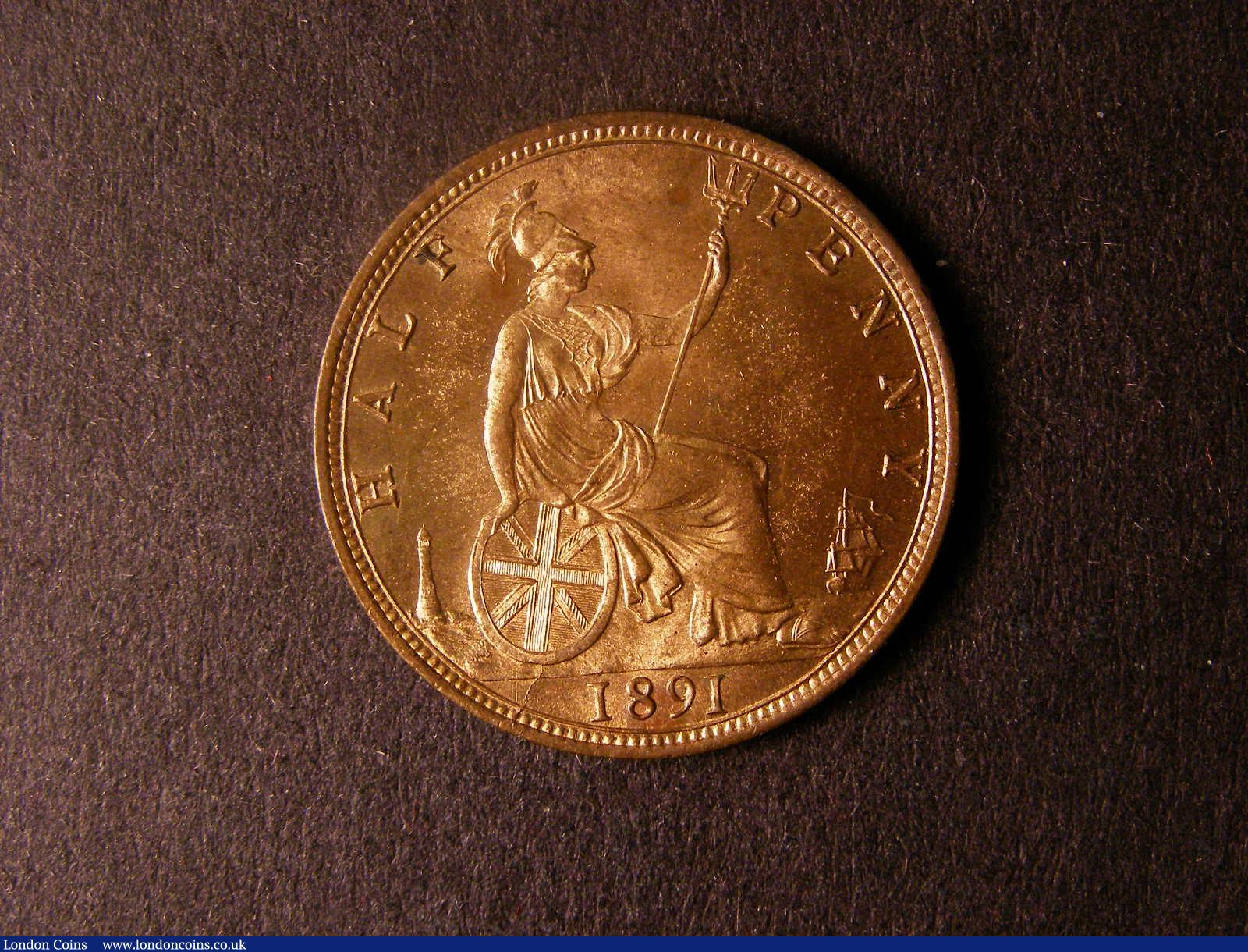 London Coins : A124 : Lot 613 : Halfpenny 1891 Freeman 364 dies 17+S UNC with almost full lustre, a few small tone spots barely ...