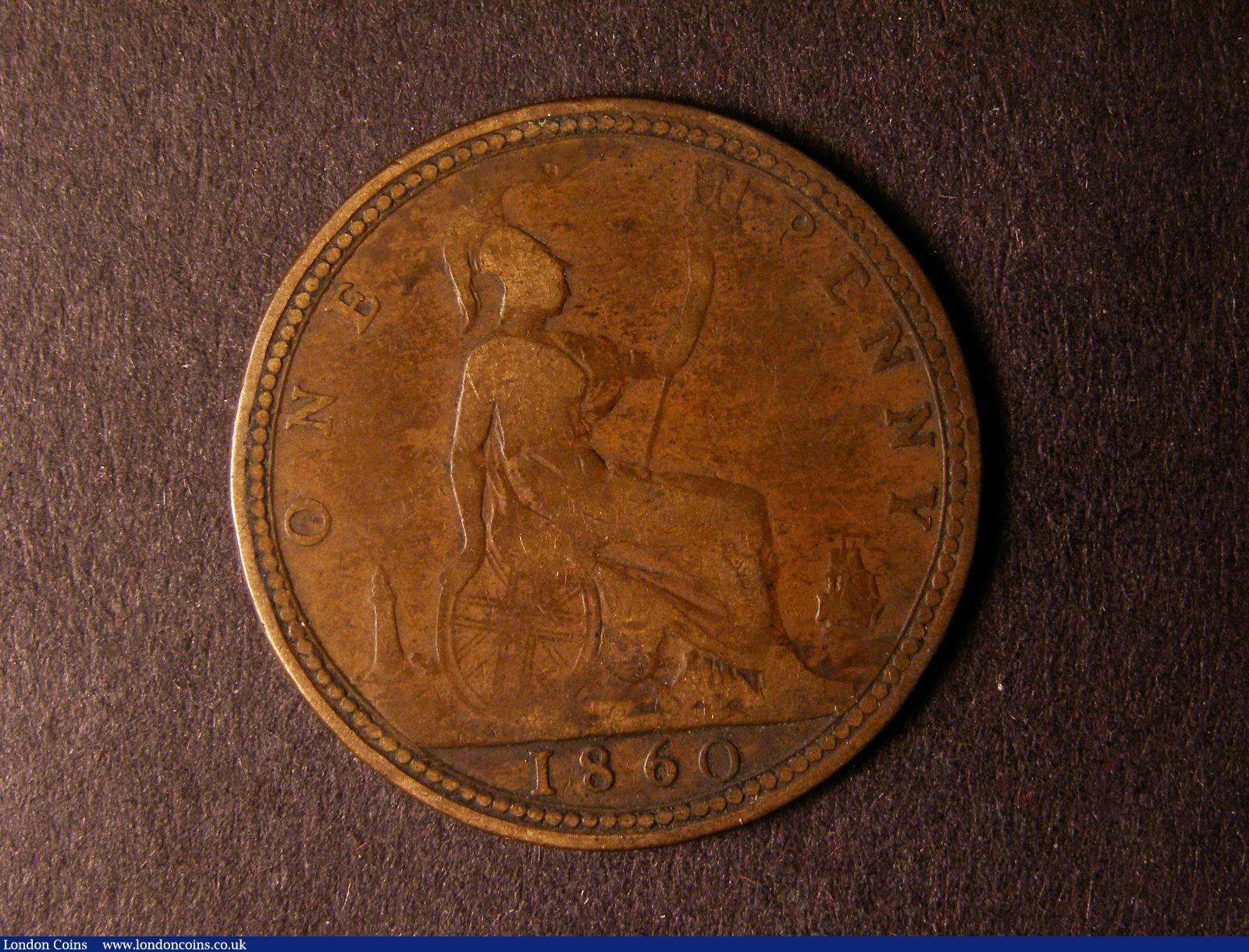 London Coins : A124 : Lot 676 : Penny 1860 Beaded Border Freeman 7 dies 1+C VG Rare