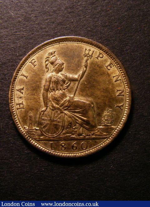 London Coins : A125 : Lot 1054 : Halfpenny 1860 Toothed Border Freeman 261 dies 2+B (R12) UNC with approximately 50% lustre and s...