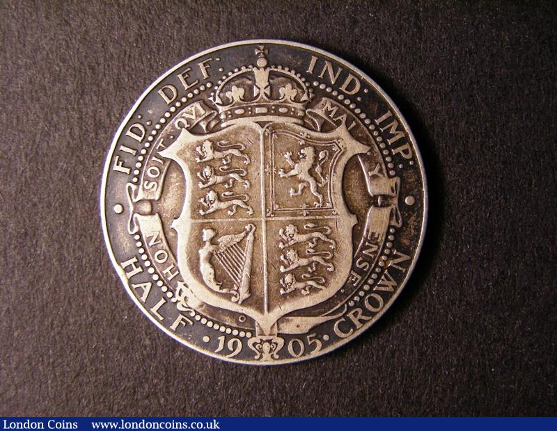 London Coins : A126 : Lot 1218 : Halfcrown 1905 ESC 750 darkly toned Fine reverse near so as the I of HONI and P of PENSE are not vis...