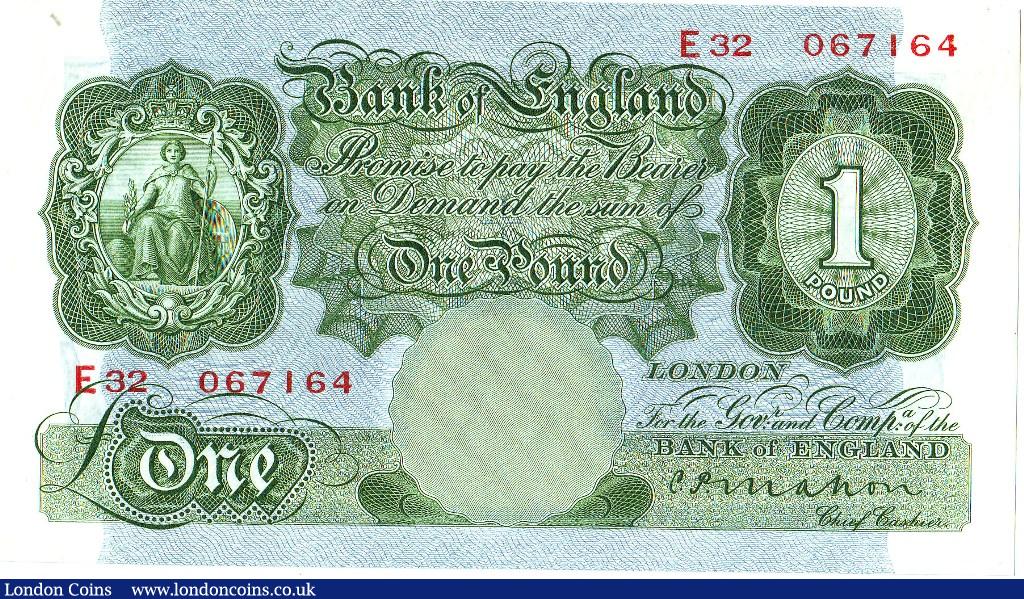 One Pound Mahon B212 serial number E32 067164 UNC : English Banknotes : Auction 126 : Lot 165
