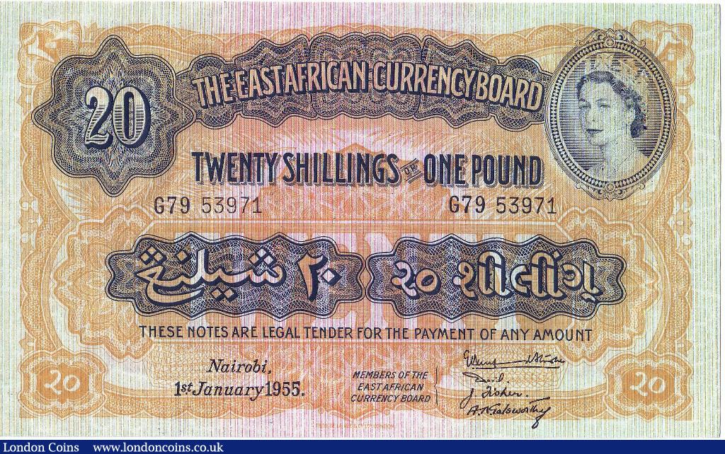 East Africa 20 Shillings = One Pound 1st January 1955 Pick 35 serial number G79 53971 UNC : World Banknotes : Auction 126 : Lot 245