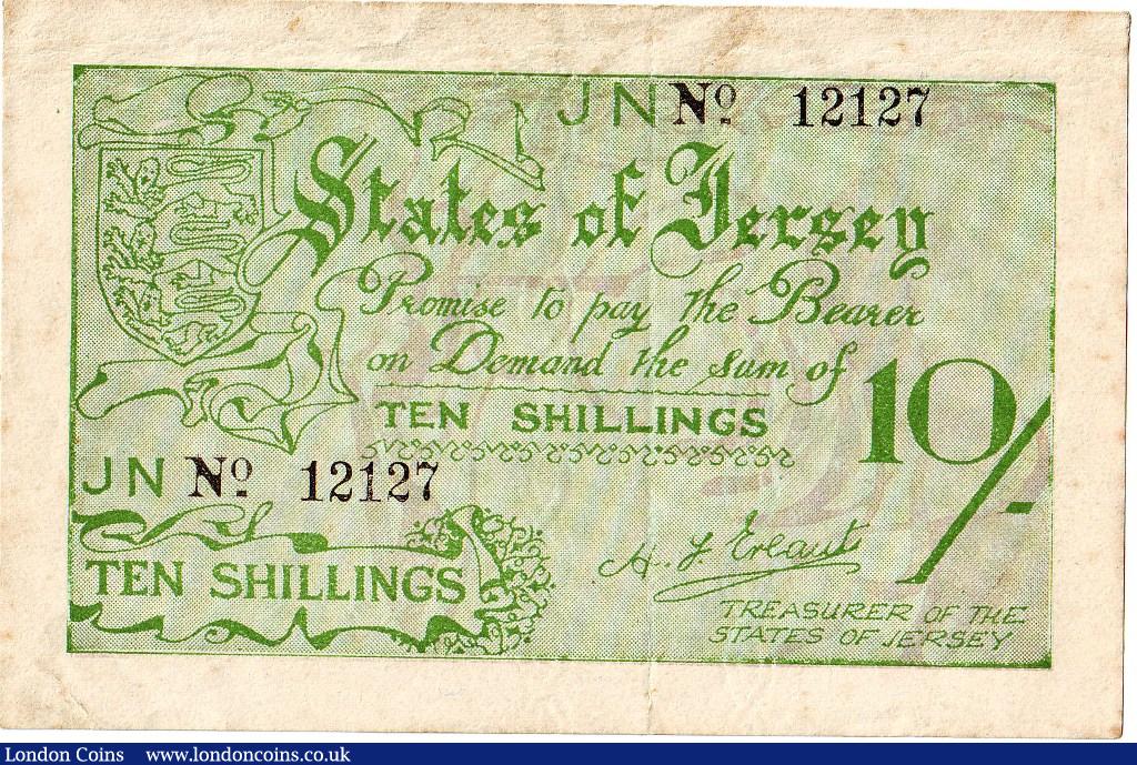 Jersey 10 shillings issued 1941-42, No.12127, German occupation WW2, Pick5a, faint fox marks reverse, about EF : World Banknotes : Auction 126 : Lot 313