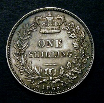 London Coins : A126 : Lot 417 : Shilling 1865 Obverse 4 Reverse A, B.S.C. 888 Die Number 1 Practically as struck with cinnamon t...