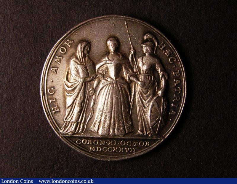Coronation of Caroline 1727 34mm in Silver Eimer 512 the official Coronation issue Obv. Bust Left CAROLINA. D.G.MAG.BR.FR.ET.HIB.REGINA. Rev The Queen standing flanked by Religion and Britannia. HIC.AMOR.HAEC.PATRIA Exergue CORON.XI.OCTOB. MDCCXXVII GF/GVF : Medals : Auction 126 : Lot 647
