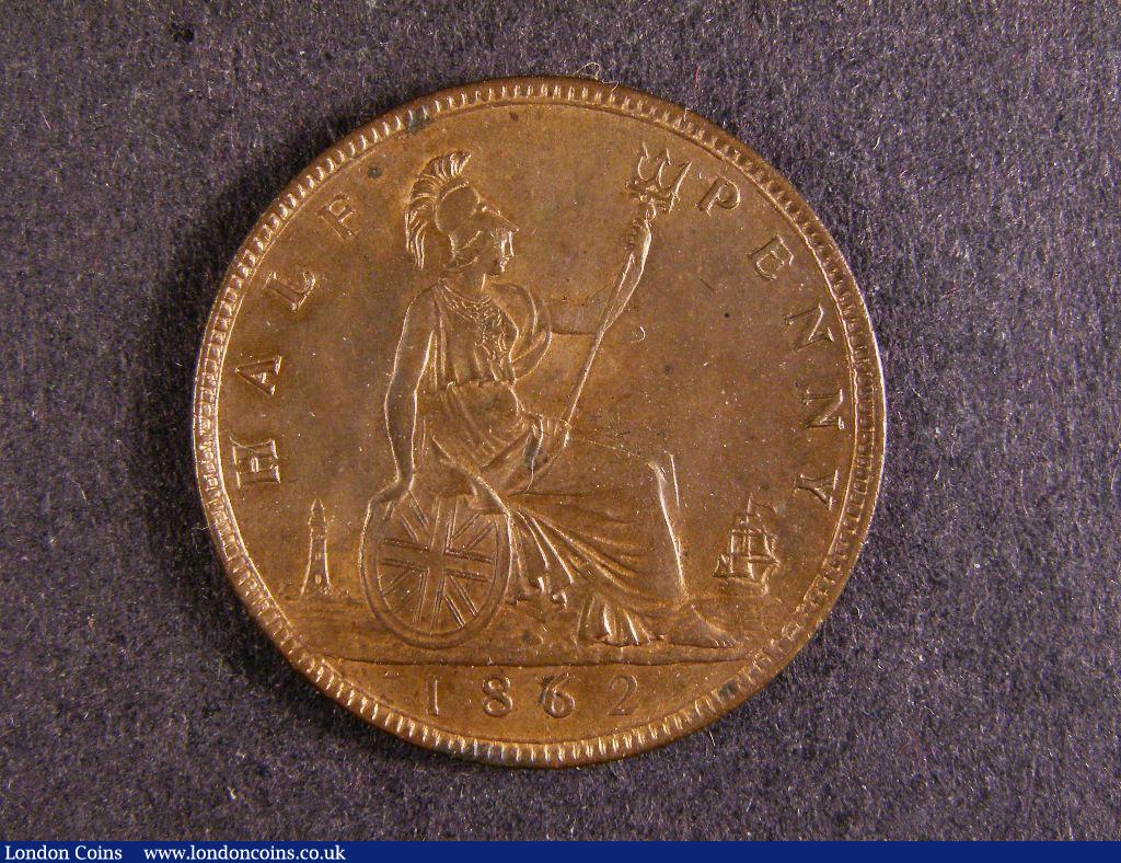 London Coins : A127 : Lot 1684 : Halfpenny 1862 Freeman 289 dies 7+G About UNC with good lustre with some tone spots