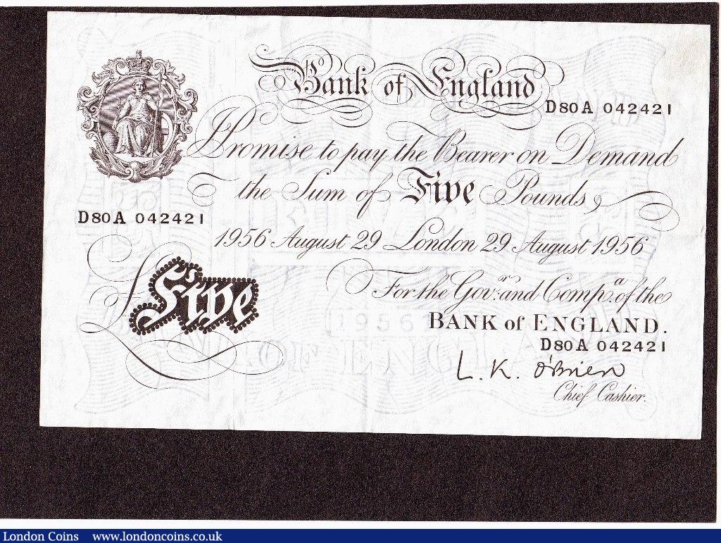 Five Pounds O'Brien white B276 prefix D80A issued 1956. EF : English Banknotes : Auction 127 : Lot 158