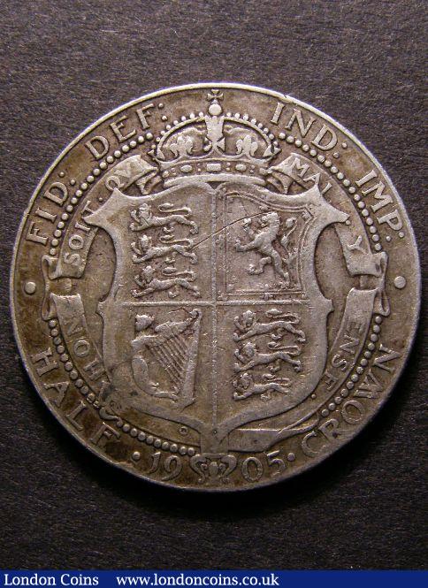 London Coins : A128 : Lot 1412 : Halfcrown 1905 Bold Fine reverse near so as the I of HONI and P of PENSE are not visible, of ple...