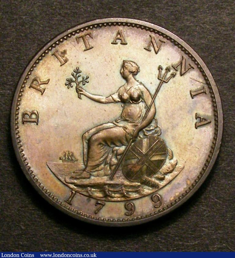London Coins : A128 : Lot 1439 : Halfpenny 1799 Pattern in Copper Peck 1235 KH16 Toned UNC with some contact marks, the fields re...