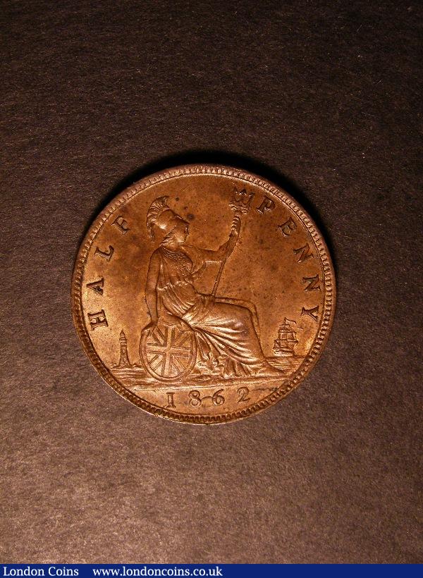 London Coins : A130 : Lot 1425 : Halfpenny 1862 Freeman 289 dies 7+G UNC with good subdued lustre and some minor hairlines