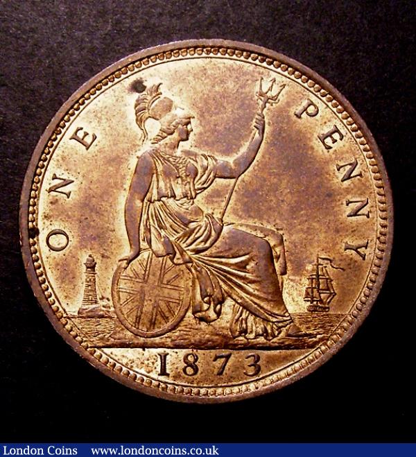 London Coins : A130 : Lot 1585 : Penny 1873 Freeman 64 dies 6+G Lustrous UNC with a couple of spots on the reverse