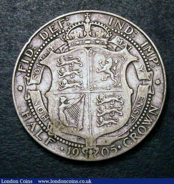 London Coins : A131 : Lot 1481 : Halfcrown 1905 ESC 750 Near Fine reverse VG as the I of HONI and P of PENSE are not visible