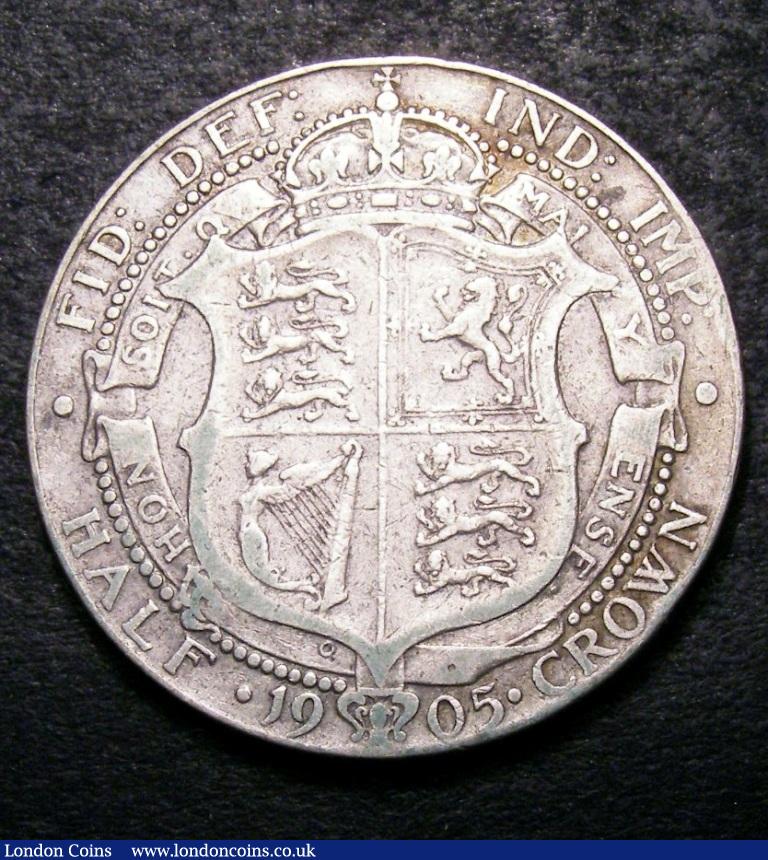 London Coins : A132 : Lot 1058 : Halfcrown 1905 ESC 750 Near Fine reverse VG as the I of HONI and P of PENSE are not visible