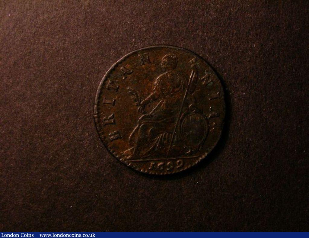 London Coins : A132 : Lot 1090 : Halfpenny 1699 Date in Exergue, Type 3 with unbarred second A in BRITANNIA, unlisted as such...
