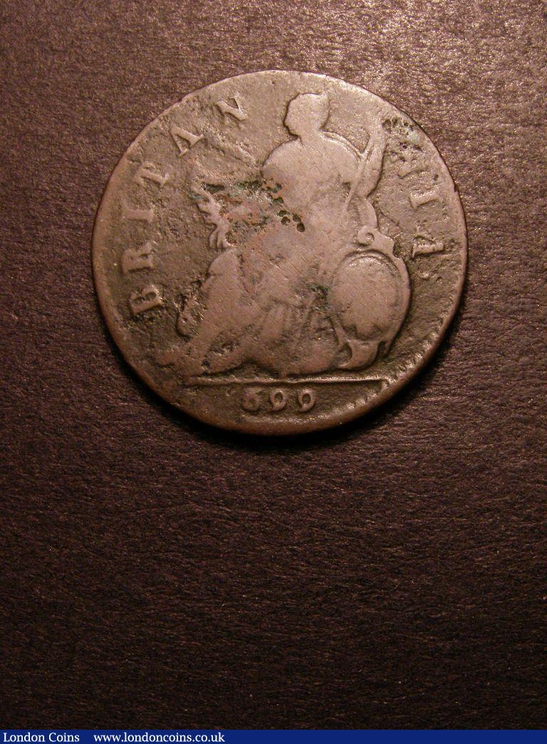 London Coins : A132 : Lot 1091 : Halfpenny 1699 Mule with type 2 Obverse Peck 686 VG with some pitting, we note the Nicholson cat...