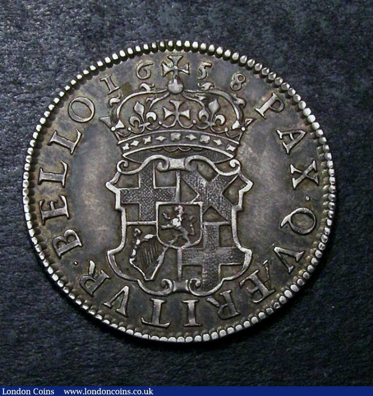 London Coins : A132 : Lot 1174 : Shilling 1658 Cromwell ESC 1005 NEF toned