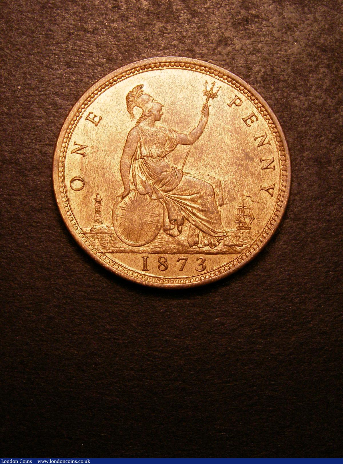 London Coins : A133 : Lot 694 : Penny 1873 Freeman 64 dies 6+G UNC with good lustre and a couple of small tone spots