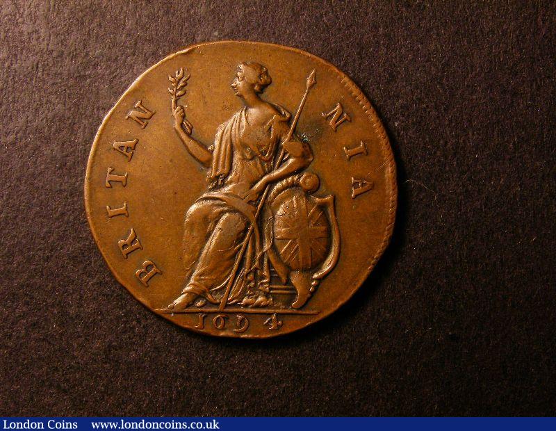 London Coins : A134 : Lot 2133 : Halfpenny 1694 Pattern Peck 598 29mm diameter VF/GVF with a verdigris spot by Britannia's elbow&...