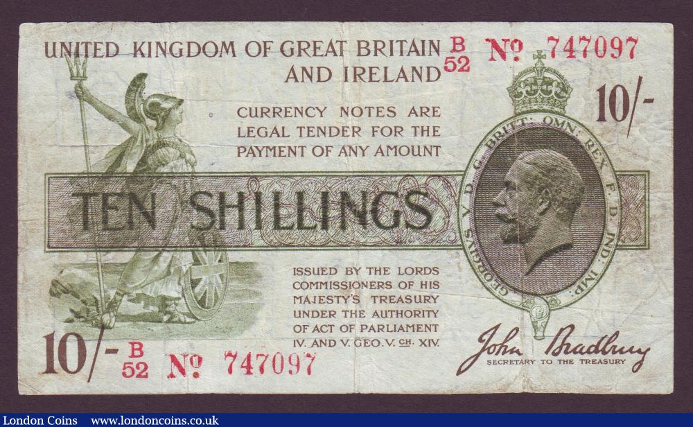 Treasury 10 shillings Bradbury T19 issued 1918 serial B/52 747097, (No. with dot), pinholes about Fine and very scarce : English Banknotes : Auction 134 : Lot 151