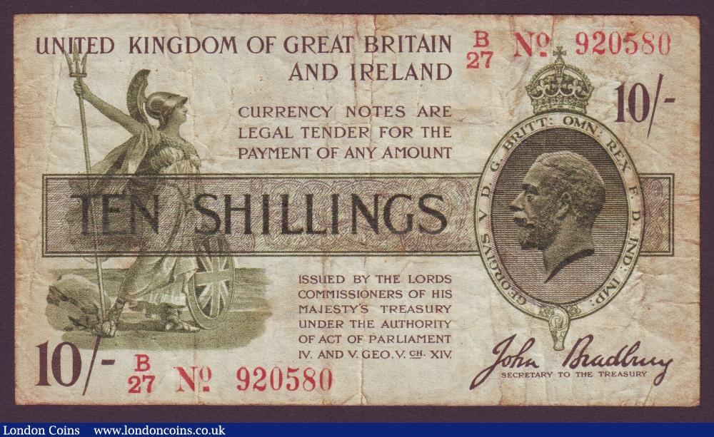 Treasury 10 shillings Bradbury T20 issued 1918 serial B/27 920580, (No. with dash), stained Fine : English Banknotes : Auction 134 : Lot 152