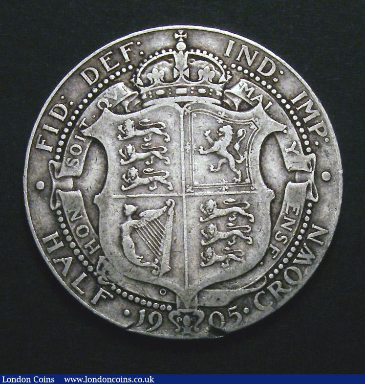 London Coins : A135 : Lot 1735 : Halfcrown 1905 ESC 750 Near Fine with an edge knock below the date, the I of HONI and P of PENSE...