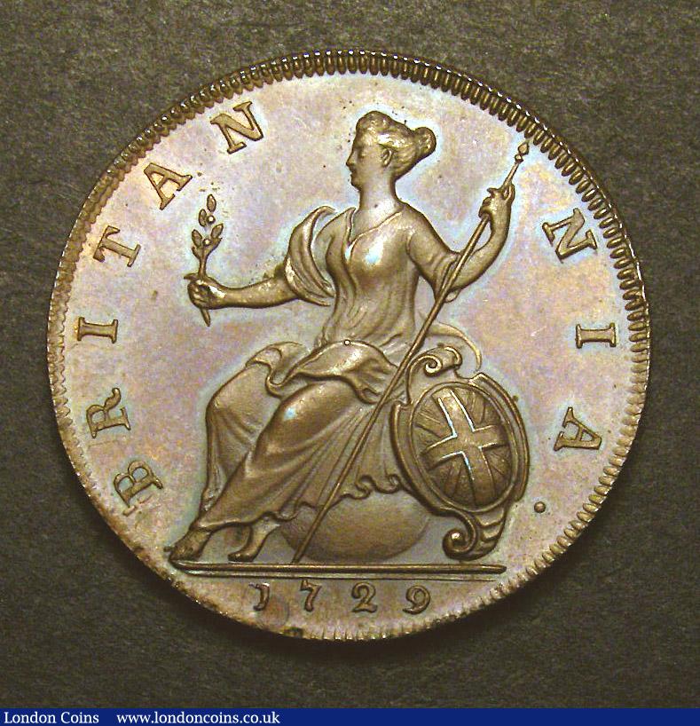 London Coins : A135 : Lot 1768 : Halfpenny 1729 Copper Proof No Stop after GEORGIVS struck on a thin flan and weighing 7.31 grammes w...