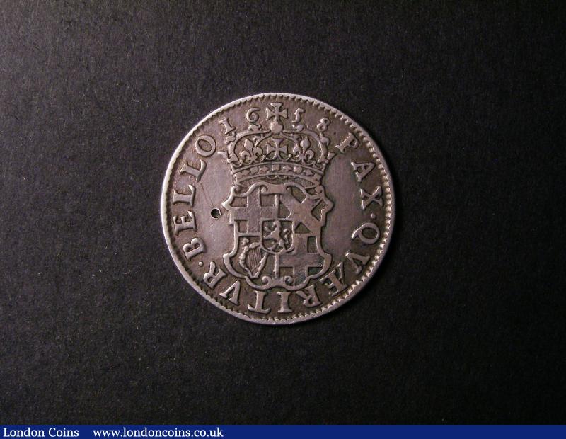 London Coins : A135 : Lot 1925 : Shilling 1658 Cromwell ESC 1005 Fine with a dig on the reverse to the left of the shield