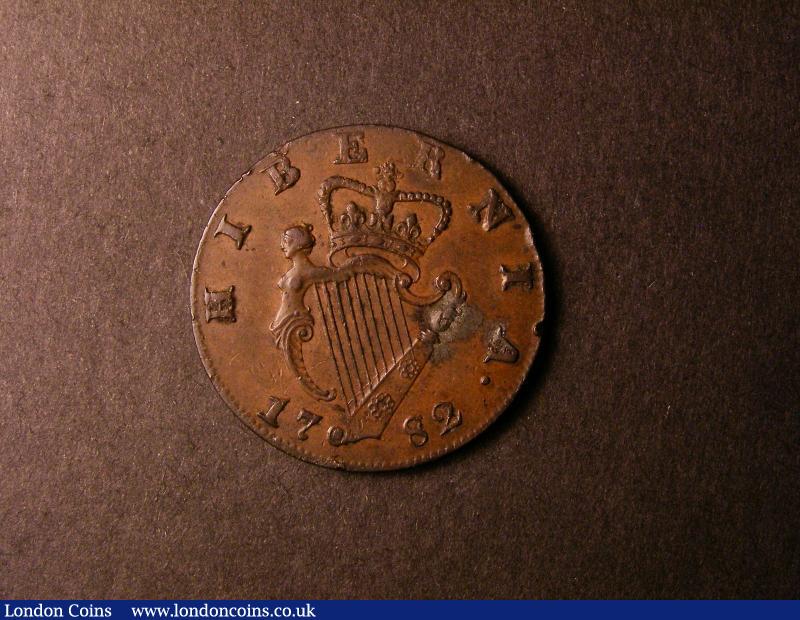 London Coins : A135 : Lot 941 : Ireland Halfpenny 1782 S.6614 EF with a verdigris stain on the harp