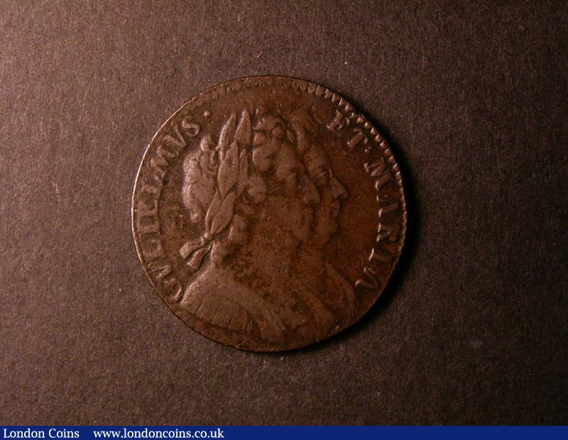 London Coins : A136 : Lot 2074 : Halfpenny 1694 Inverted V's for A's in MARIA Peck 604 strong Fine/Good Fine with light porosity,...