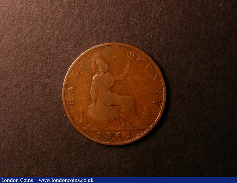 London Coins : A136 : Lot 2101 : Halfpenny 1861 LCW on rock, 6 over higher 6, the underlying 6 touching the exergue line givi...