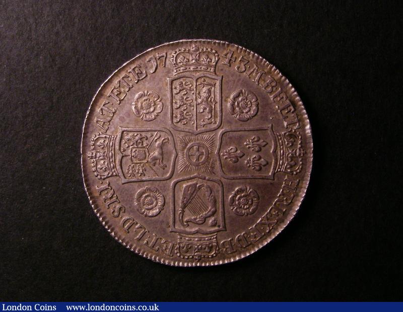 London Coins : A137 : Lot 1361 : Crown 1743 Roses ESC 124 Good EF with a pleasing even tone, scarce in such high grade